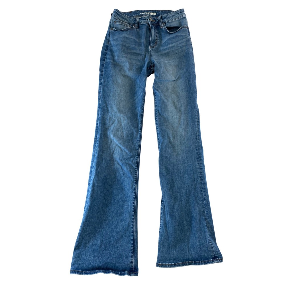 Lands End Womens Blue Medium Wash Stretch Flare Leg Denim Jeans 25 x 31 Mid Rise